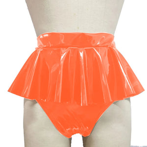 Unisex Shiny PVC Leather Ruffle Mini Skirt Gothic Shorts Adult Fantasy Panties Multi-Color