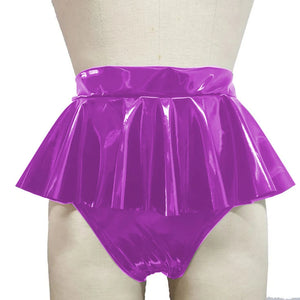 Unisex Shiny PVC Leather Ruffle Mini Skirt Gothic Shorts Adult Fantasy Panties Multi-Color