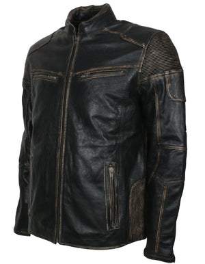 Black Distressed Leather Biker Jacket for Men Vintage Style