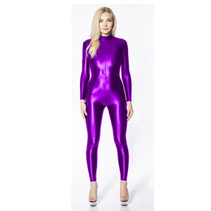 Wet Look Shiny Metallic Women Patent Leather Long Sleeve Jumpsuit Turtleneck Catsuit Multi-Color Night Clubwear Up to 7XL