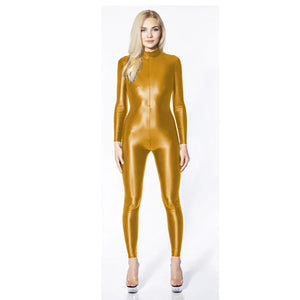 Wet Look Shiny Metallic Women Patent Leather Long Sleeve Jumpsuit Turtleneck Catsuit Multi-Color Night Clubwear Up to 7XL