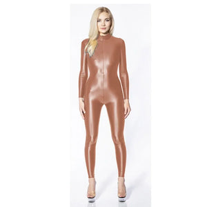 Wet Look Shiny Metallic Women Patent Leather Long Sleeve Jumpsuit Turtleneck Catsuit Multi-Color Night Clubwear Up to 7XL