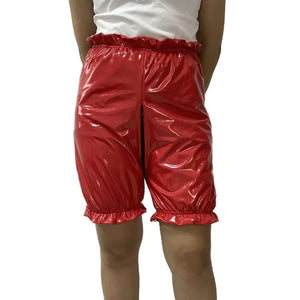 Wetlook PVC Leather Elastic Waist Open Crotch Zip-up Ruffle Bloomers Shorts Loose Capris Pants Women Gothic High Street Multi-Color