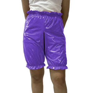 Wetlook PVC Leather Elastic Waist Open Crotch Zip-up Ruffle Bloomers Shorts Loose Capris Pants Women Gothic High Street Multi-Color