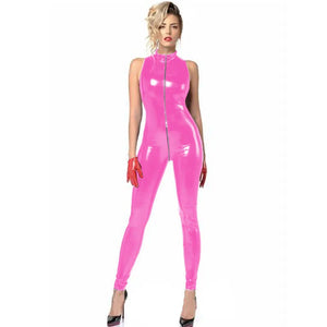 Wetlook PVC Leather Half High Neck Sleeveless Jumpsuit Zipper to Crotch Skinny Catsuit Clubwear Cosplay Multi-Color