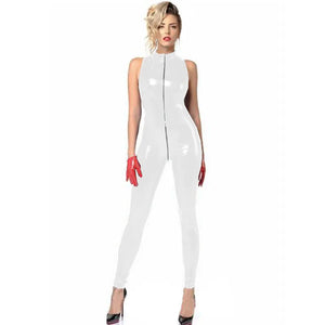 Wetlook PVC Leather Half High Neck Sleeveless Jumpsuit Zipper to Crotch Skinny Catsuit Clubwear Cosplay Multi-Color