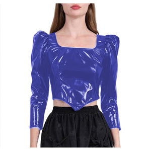 PVC Leather Long Sleeve Puff Square Neck Cropped Tops Women Clubwear Multi-color 7XL