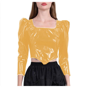 PVC Leather Long Sleeve Puff Square Neck Cropped Tops Women Clubwear Multi-color 7XL