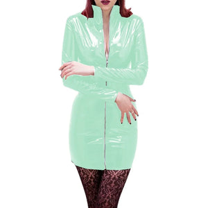 Multi-Color Wetlook PVC Leather Stand Neck Long Sleeve Bodycon Mini Dress with Front Zip for Party Club and High Street