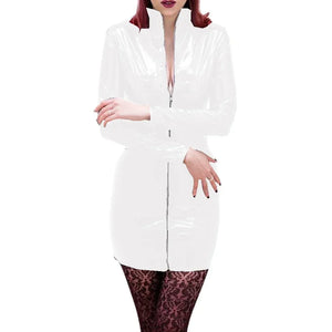 Multi-Color Wetlook PVC Leather Stand Neck Long Sleeve Bodycon Mini Dress with Front Zip for Party Club and High Street