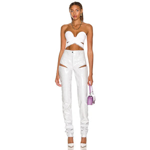 White PU Leather Two-Piece Outfit with Bandage Lace Top and Hollow Out Trousers