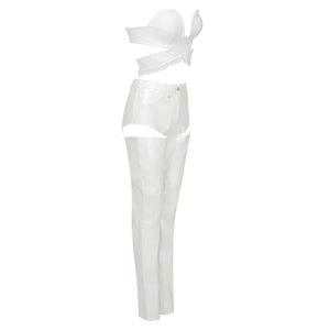 White PU Leather Two-Piece Outfit with Bandage Lace Top and Hollow Out Trousers