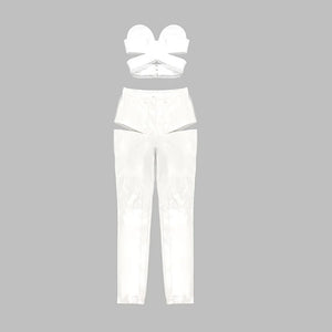 White PU Leather Two-Piece Outfit with Bandage Lace Top and Hollow Out Trousers