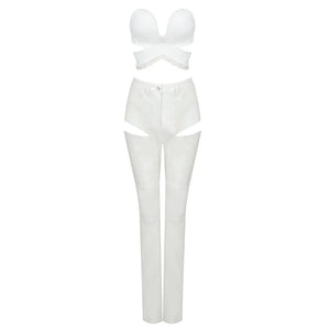 White PU Leather Two-Piece Outfit with Bandage Lace Top and Hollow Out Trousers