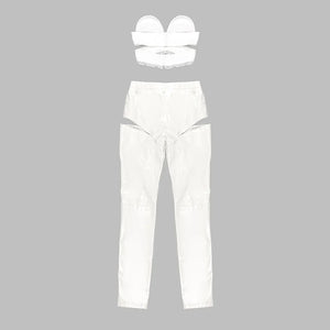 White PU Leather Two-Piece Outfit with Bandage Lace Top and Hollow Out Trousers