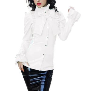 Women's Multi-Color Wetlook PVC Bowknot Ruffle Slim Blouse Turn-Down Neck Long Sleeve Puff Office Lady Clubwear S-7XL