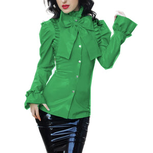 Women's Multi-Color Wetlook PVC Bowknot Ruffle Slim Blouse Turn-Down Neck Long Sleeve Puff Office Lady Clubwear S-7XL