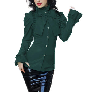 Women's Multi-Color Wetlook PVC Bowknot Ruffle Slim Blouse Turn-Down Neck Long Sleeve Puff Office Lady Clubwear S-7XL