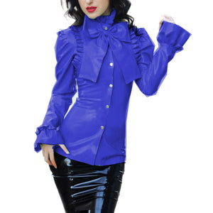 Women's Multi-Color Wetlook PVC Bowknot Ruffle Slim Blouse Turn-Down Neck Long Sleeve Puff Office Lady Clubwear S-7XL