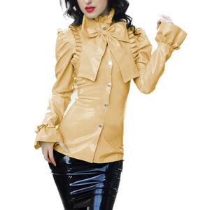 Women's Multi-Color Wetlook PVC Bowknot Ruffle Slim Blouse Turn-Down Neck Long Sleeve Puff Office Lady Clubwear S-7XL