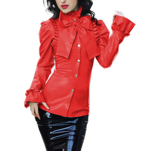 Women's Multi-Color Wetlook PVC Bowknot Ruffle Slim Blouse Turn-Down Neck Long Sleeve Puff Office Lady Clubwear S-7XL