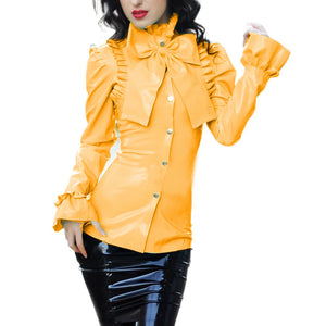 Women's Multi-Color Wetlook PVC Bowknot Ruffle Slim Blouse Turn-Down Neck Long Sleeve Puff Office Lady Clubwear S-7XL