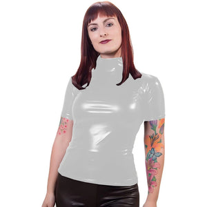 Women Glossy Short-Sleeve Shiny Patent Leather Turtleneck Top Metallic Latex Casual Multi-Color Blouse