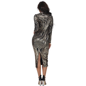 Gold Sequin Midi Dress with Sheer Long Sleeves and Side Slit for Women
