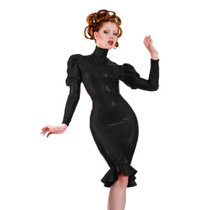 Women PVC High Neck Puff Sleeve High Waist Slim Fit Ruffle Leather Dress Multi-Color S-7XL