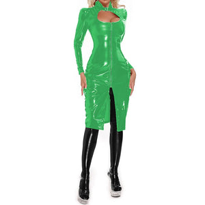 Women's Latex Look PVC Knee-Length Dress with Hollow Out Long Sleeves and Full Zipper Slim Sheath for Club Nights Multi-Color