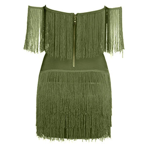 Women's Green Fringe Mini Dress Sexy Off the Shoulder V-Neck Strapless Bodycon Bandage Dress