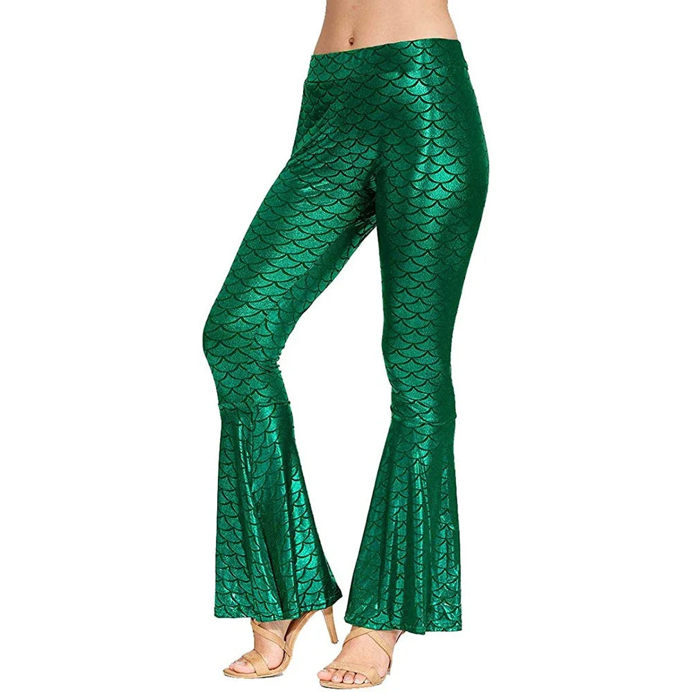 Womens Fish Scale Bell-bottoms Faux Leather Shiny Flared Pants Mermaid Costume Multi-Color S-7XL Clubwear Pole Dancing