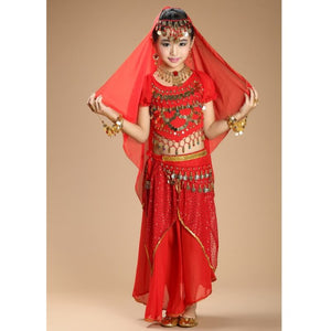 belly dance dancing silk 4piece(top+skirt+waist chain+veil) Girl's costumes belly dance costume indian fabrics 3305