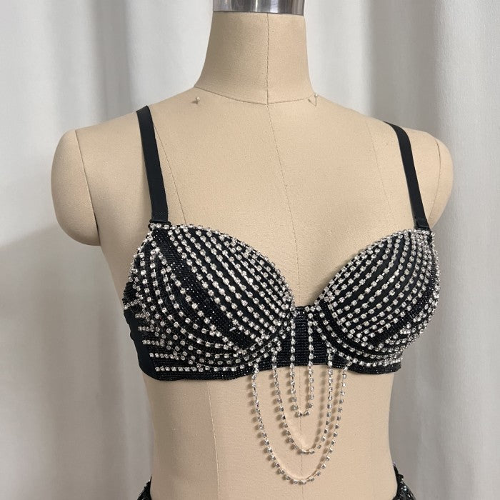New Style Samba Carnival Handmade Belly Dance Diamond Costumes Bra,Panty And Mini Skirt 3 Piece Black Color