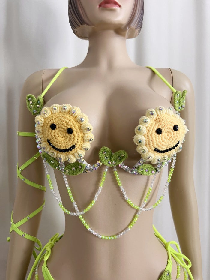 New Samba Carnival Handmade Wire Bra Smiling Sunflower Weaving Pattern With Panty  For Party,EDC Carnival