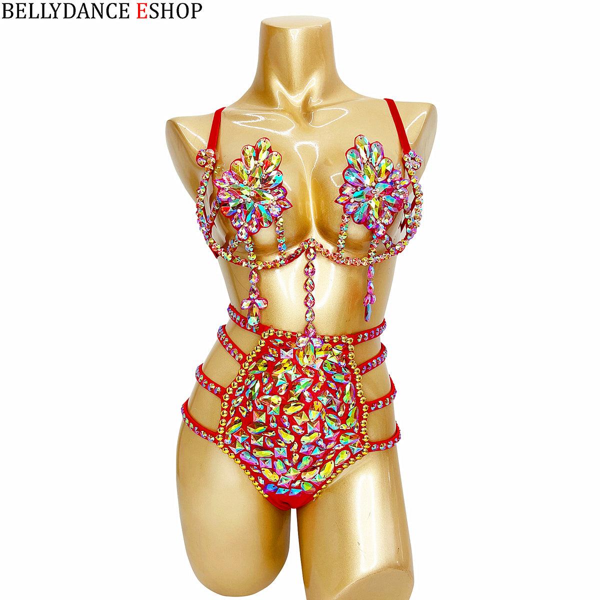 Samba Carnival Wire Bra And Panty Rainbow Stone Red color Handmade 2 piece BP038