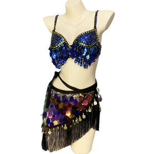 New Adult Lady Women Belly Dance Costume Set Beaded Sequins Tassel Belly Dance Bra Hip Scarf 3Pcs Bellydancing Stage Dance Wear N21014