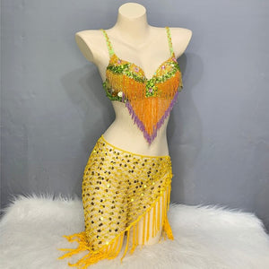 New Women Belly Dancing Suite Beaded Sequined Bra+ Long Tassel Hip Scarf 2PCS Set Samba Costumes Club Night Dance Wear N21007