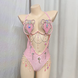 New Style Handmade Monokini Bodysuit Wire Bra With Thong Pink Color For Samba Carnival