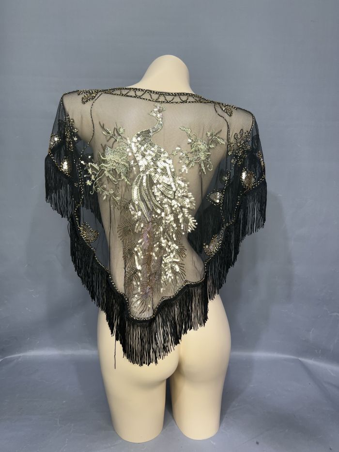 New Lady Women Beaded Sequin Belly Dance Hip Scarf Embroidery Flapper Shawl Scarf Evening Wedding Cape Sheer Party Fringed Wrap SC001