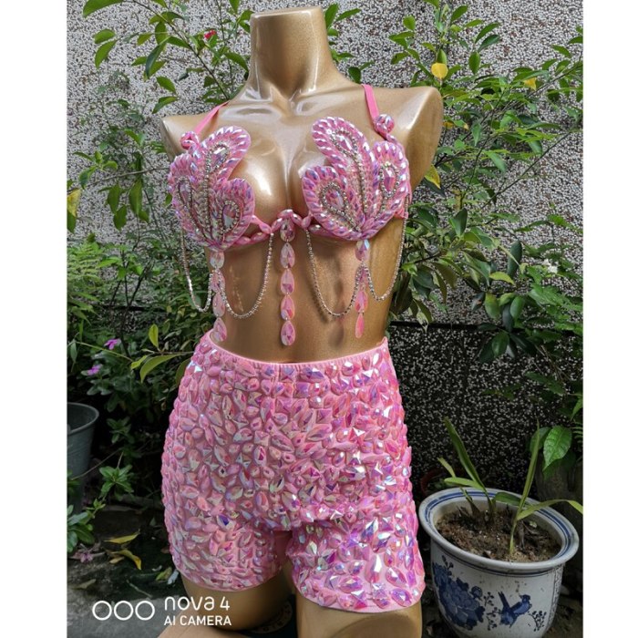 Samba Carnival Bra High Waist Pants Pink Color Stone Hand Made 2 Piece Set dance party wear BP008