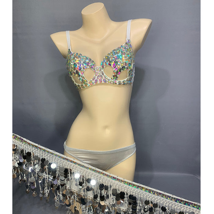 Women's Beaded Crystal Silver Belly Dance Costume Wear Bra+Panty+Hip Scarf 3pc Set Sexy Bellydancing Suit Bellydance Clothes N21011