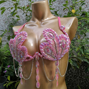 Samba Carnival Bra High Waist Pants Pink Color Stone Hand Made 2 Piece Set dance party wear BP008
