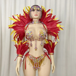 Top Quality Handmade Samba Rio Carnival Wire Bra+Belt+feather shawl With Stone Sexy Belly Dancing Costume