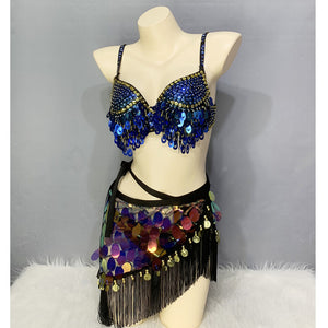 New Adult Lady Women Belly Dance Costume Set Beaded Sequins Tassel Belly Dance Bra Hip Scarf 3Pcs Bellydancing Stage Dance Wear N21014