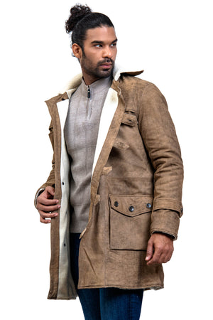 Men's Dark Knight Brown Bane Distressed Leather Coat with Shearling Lining