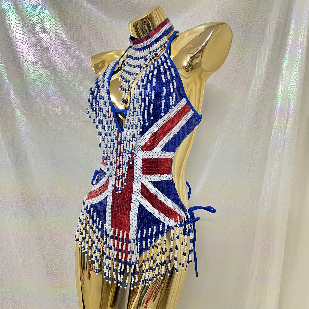 Sexy Women Beads Bodysuit Sequins Swimsuit Rave Dancer One-piece Outfit Flag Of United States And United Kingdom Costumes