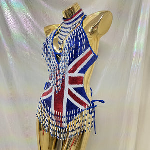Sexy Women Beads Bodysuit Sequins Swimsuit Rave Dancer One-piece Outfit Flag Of United States And United Kingdom Costumes