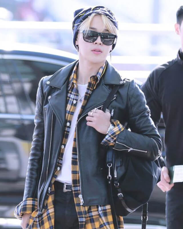 Jimin Airport Fashion Black Biker Leather Jacket with Plaid Shirt Outfit