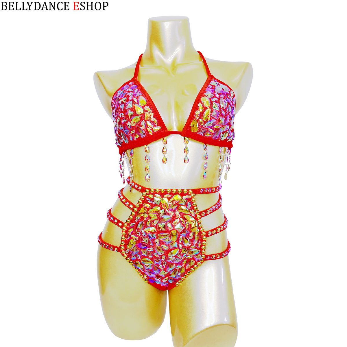 Samba Carnival Bikini And Panty Rainbow Stone Red color Handmade 2 piece BP037